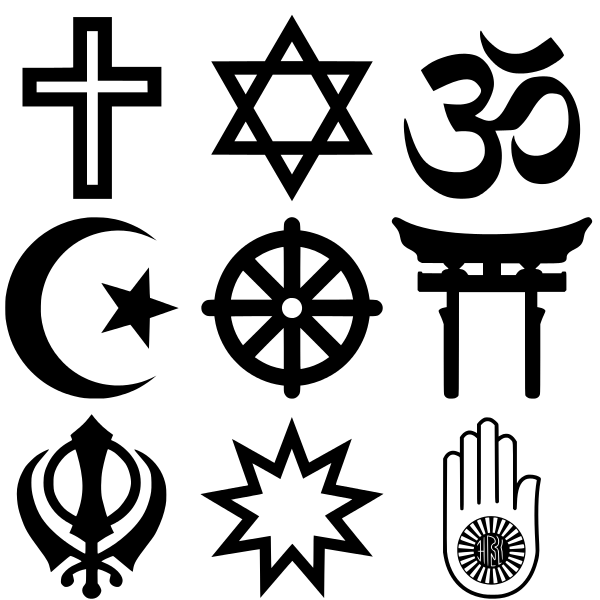 Çeşitli dini semboller, soldan sağa: 1. sıra: Hıristiyanlık, Musevilik, Hinduizm 2. sıra: İslam, Budizm, Şintoizm 3. sıra: Sihizm, Bahailik, Jainizm