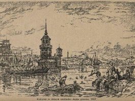 1828 İstanbul Kız Kulesi Salacak sahilinden denize girenler - Gravür: Sabiha Rüştü Bozcalı