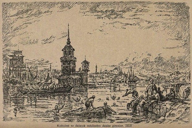 1828 İstanbul Kız Kulesi Salacak sahilinden denize girenler - Gravür: Sabiha Rüştü Bozcalı