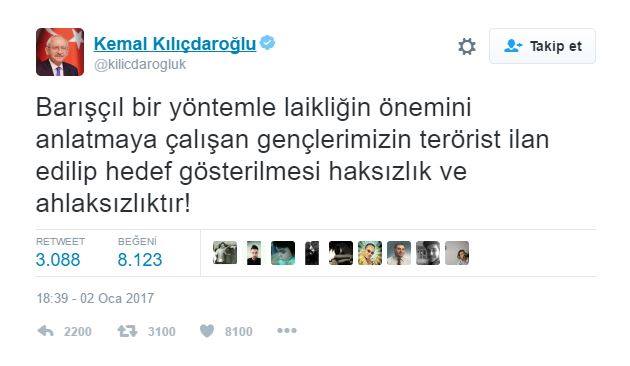 CHP Genel Başkanı Kemal Kılıçdaroğlu Twitter'dan yaptığı paylaşımla, laiklik çağrısı yapan gençleri savundu