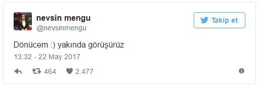 Nevşin Mengü'nün sosyal medya hesabından yaptığı "Dönücem :) yakında görüşürüz" paylaşımı dikkat çekti.