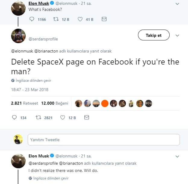 Elon Musk'a "adamsan Facebook hesabını sil" diyen Türk