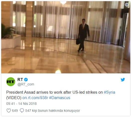 ABD, İngiltere ve Fransa'nın Suriye'de hükümete ait hedefleri vurmasının ardından Suriye Devlet Başkanı Beşar Esad'ın ofisine gitme görüntüleri yayımlandı.