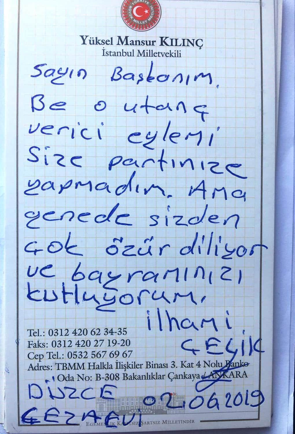 Kemal Kılıçdaroğlu'na özür mektubu