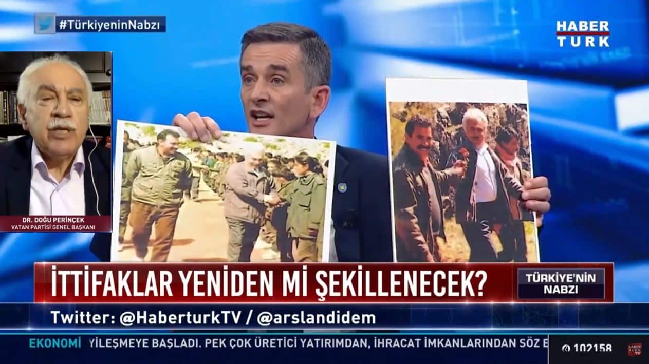 habertürk Canlı yayında PKK gerilimi: İYİ Partili ümit Dikbayır doğu Perinçek öcalan fotoğrafları