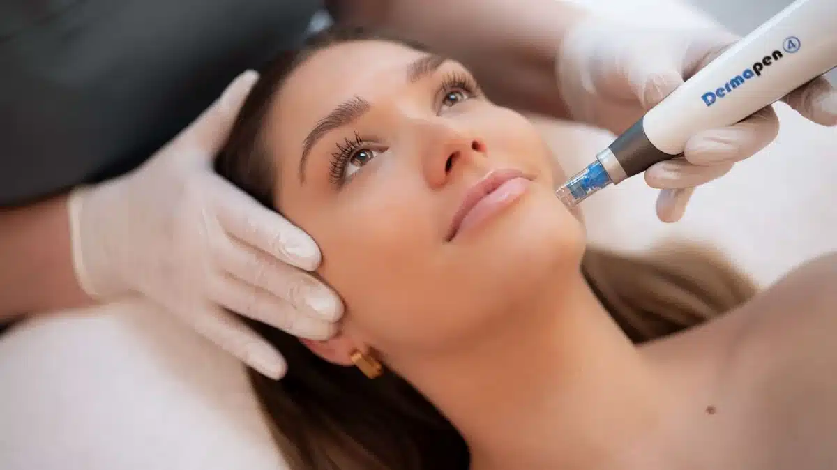 Yüzüne cilt gençleştirme işlemi yaptıran bir kadın, anti-aging tedavinin sonuçlarını gösteriyor.