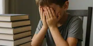 Aşırı ödev ve yüksek aile beklentileri nedeniyle stres yaşayan bir çocuk ve zaman yönetimi ile bu durumu dengeleme konsepti.