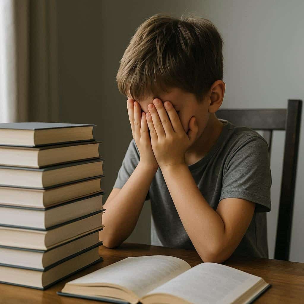 Aşırı ödev ve yüksek aile beklentileri nedeniyle stres yaşayan bir çocuk ve zaman yönetimi ile bu durumu dengeleme konsepti.