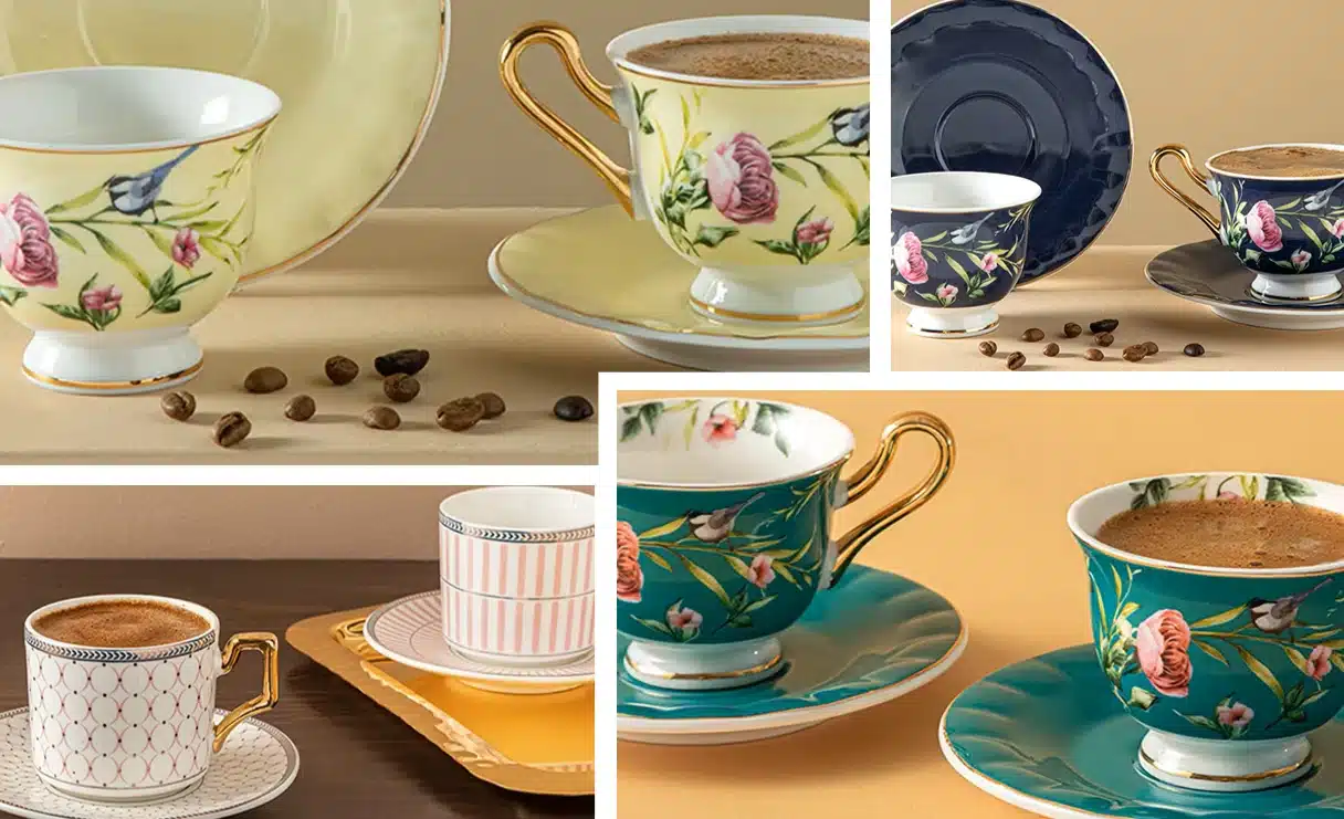 English Home kahve fincanı modelleri ince porselen yapısı, hem el ağrısını önler hem de sıcaklık sağlamada en iyi performansı gösterir.