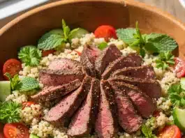 Etli kinoa salatası tarifi: Bu proteinli salata tarifi için bonfile pişirme ve hazırlama adımları.