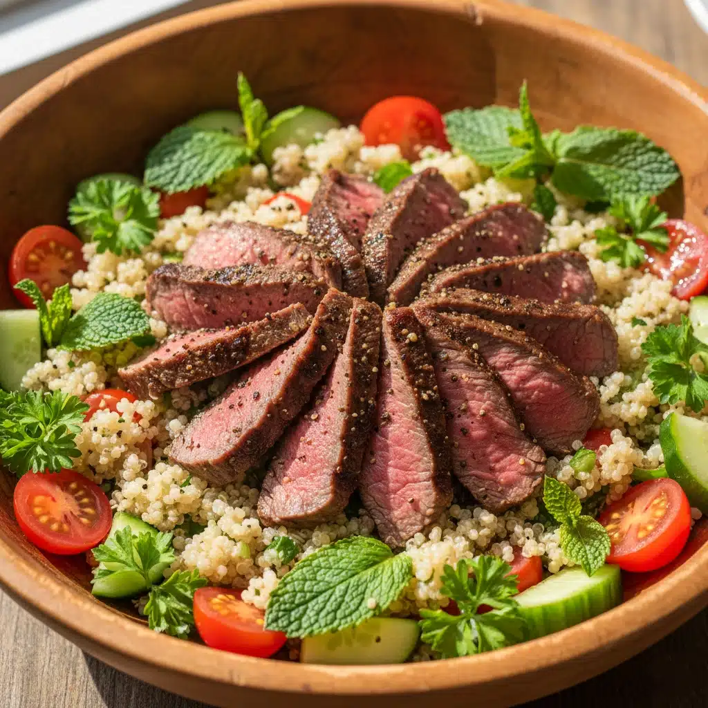 Etli kinoa salatası tarifi: Bu proteinli salata tarifi için bonfile pişirme ve hazırlama adımları.