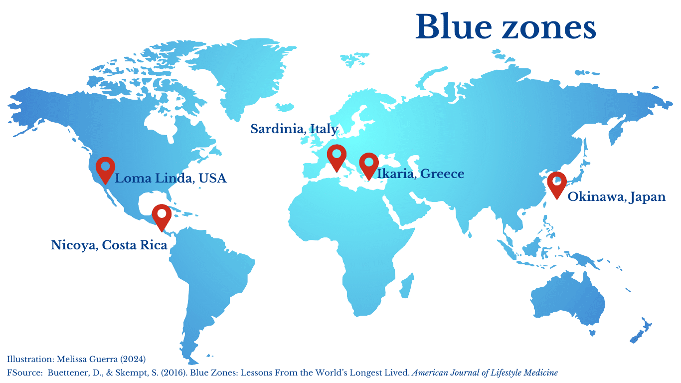 mavi bölgeler blue zones hangi ülke ve şehirler? harita