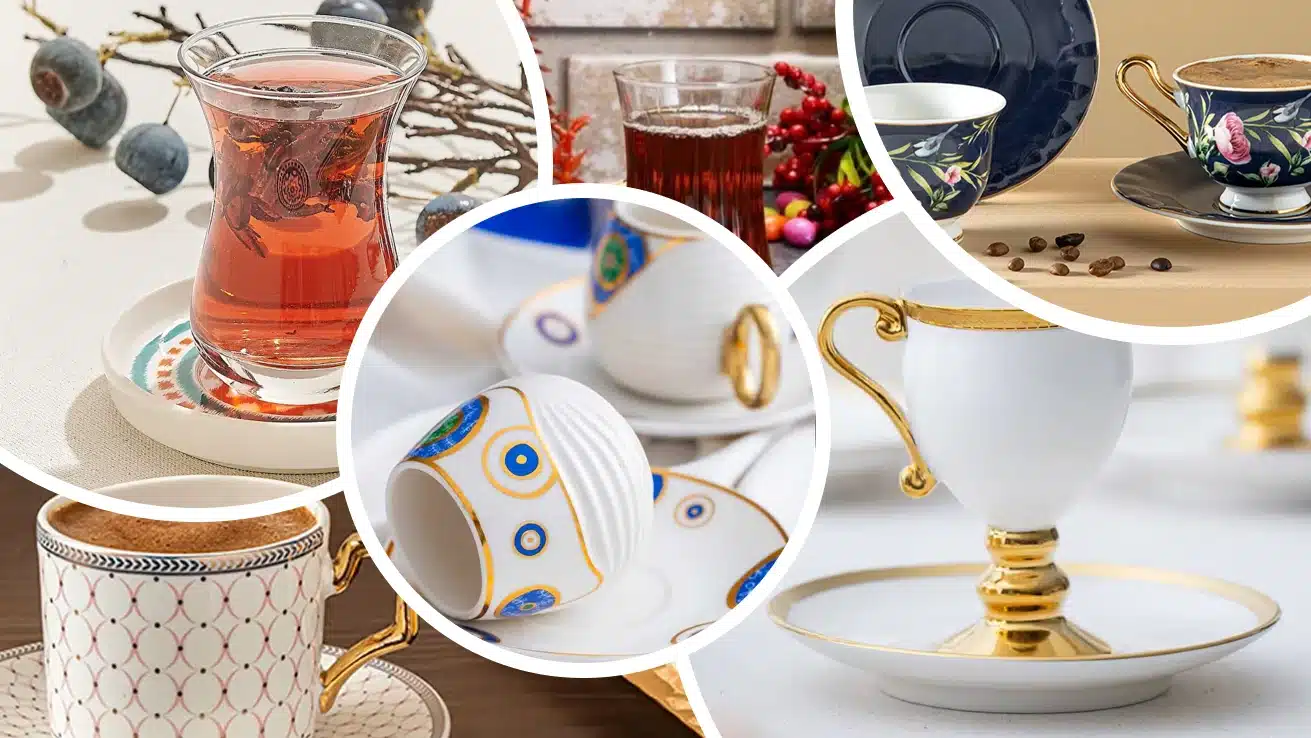 Farklı markaların ikonik ürünlerini inceleyin: Paşabahçe çay bardağı, Acar kahve fincanı ve English Home kahve fincanı.
