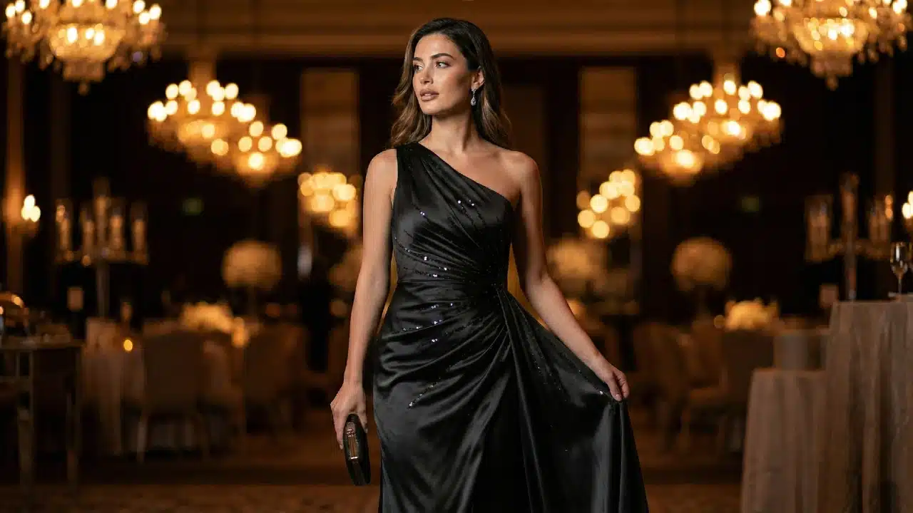 Yeni sezon abiye elbise modelleri: Saten dokular ve asimetrik kesim trendleri.