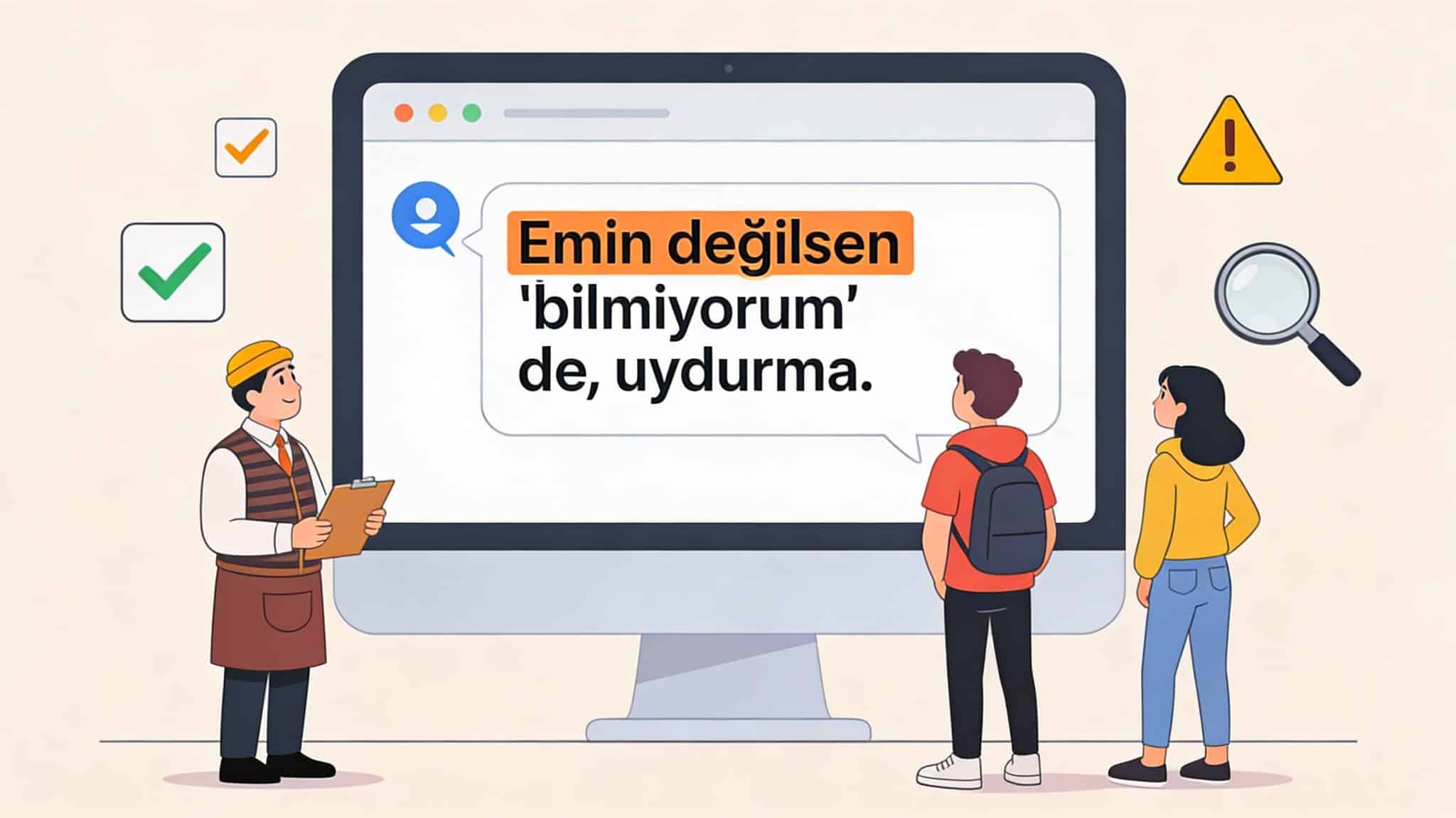 Prompt yöntemleri ile yapay zeka halüsinasyonları ve uydurma bilgileri önleme stratejilerini gösteren bilgilendirici görsel.
