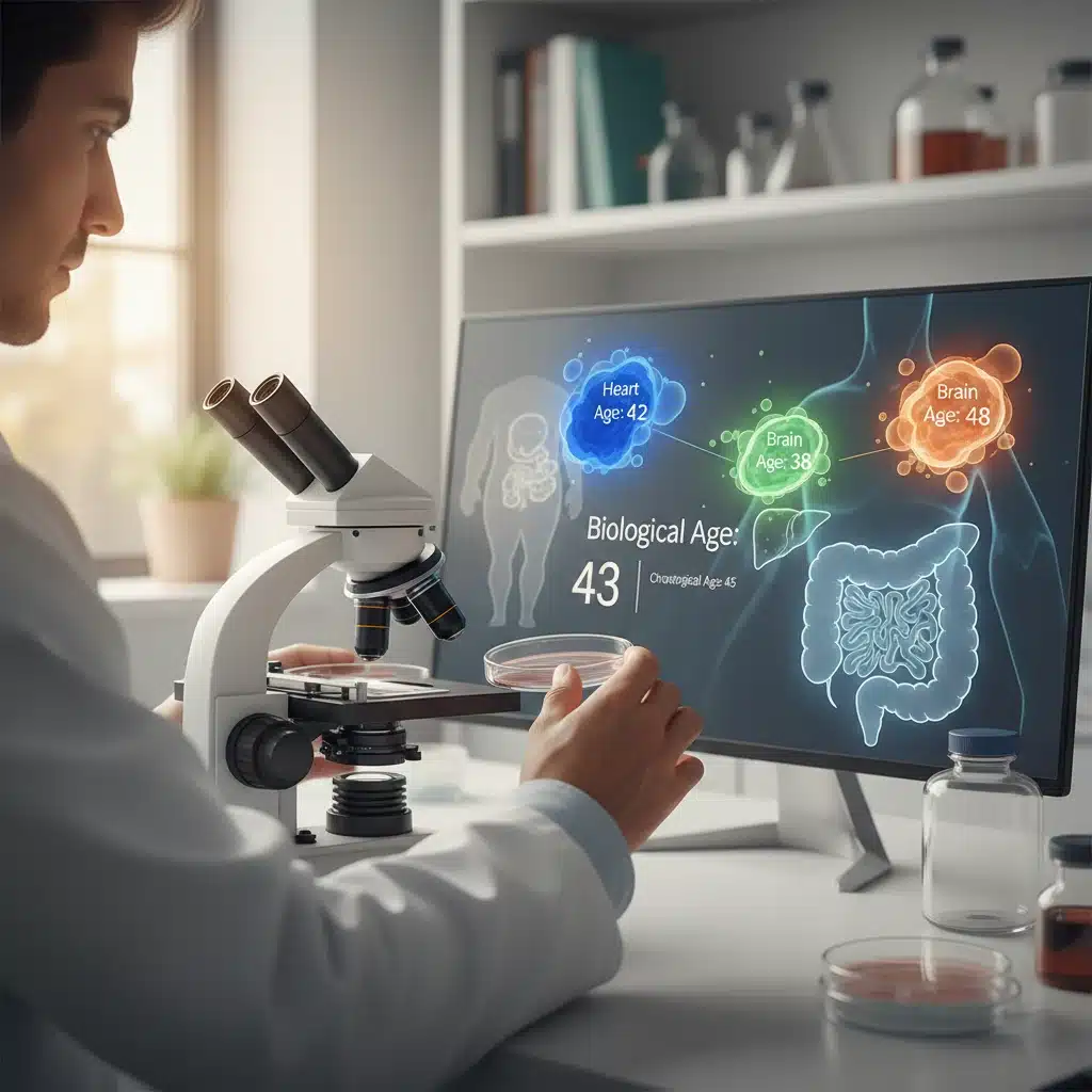 Biyolojik yaş hesaplama ve organ yaşlanması farklarını gösteren hücresel yaşlanma analizi görseli.
