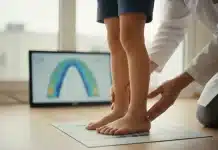 Çocuklarda içe basma: Ne zaman endişelenmeli, nasıl tedavi edilmeli? Çocuklarda içe basma ve yürüme bozukluklarını gösteren klinik ayak analizi görseli.