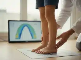 Çocuklarda içe basma: Ne zaman endişelenmeli, nasıl tedavi edilmeli? Çocuklarda içe basma ve yürüme bozukluklarını gösteren klinik ayak analizi görseli.