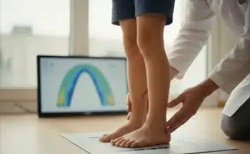 Çocuklarda içe basma: Ne zaman endişelenmeli, nasıl tedavi edilmeli? Çocuklarda içe basma ve yürüme bozukluklarını gösteren klinik ayak analizi görseli.