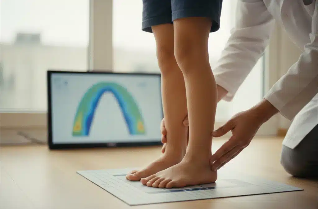 Çocuklarda içe basma ve yürüme bozukluklarını gösteren klinik ayak analizi görseli.
