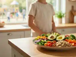 Çocuklarda insülin direnci ve beslenme düzeni için taze sebze ve meyvelerle dolu sağlıklı bir tabak