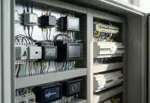 Elektrik Pano Kutularına İzleme Entegrasyonu Elektrik pano kutusu içinde izleme entegrasyonu ve akıllı elektrik pano bileşenlerini gösteren, markasız ve yazısız teknik sahne