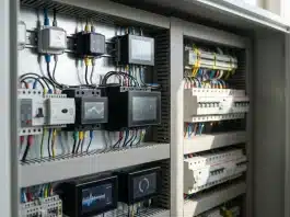 Elektrik pano kutusu içinde izleme entegrasyonu ve akıllı elektrik pano bileşenlerini gösteren, markasız ve yazısız teknik sahne