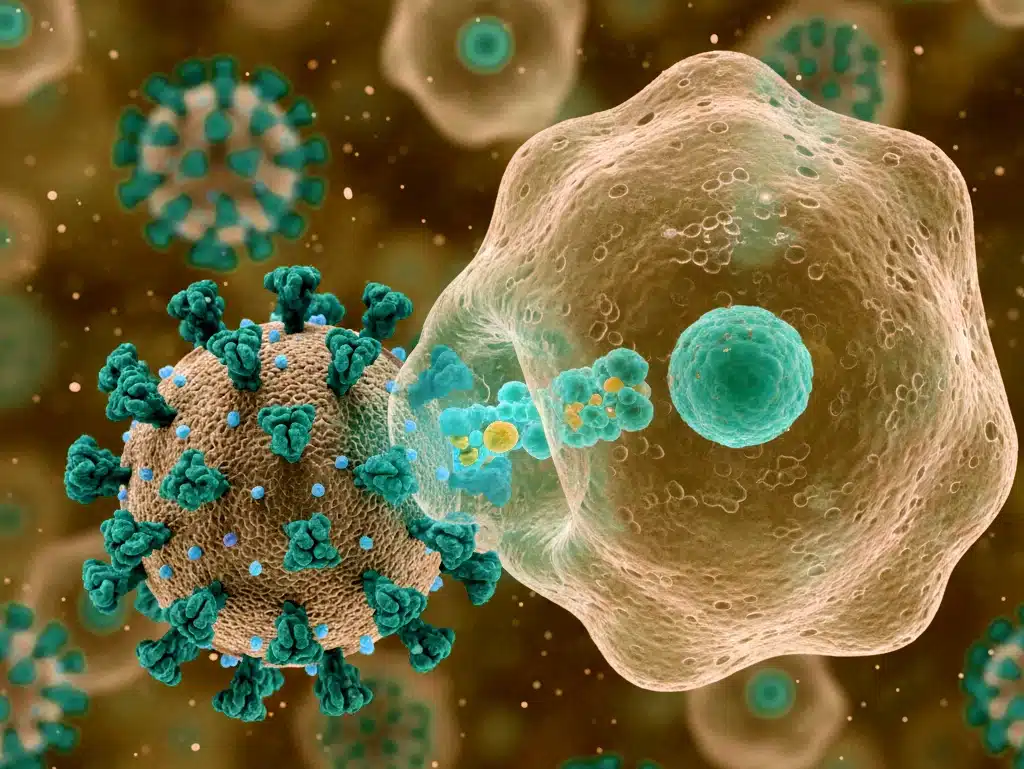 Mikroskop altında İnfluenza A virüsü (H3N2 alt tipi) yapısı ve mutasyona uğramış protein çıkıntıları.