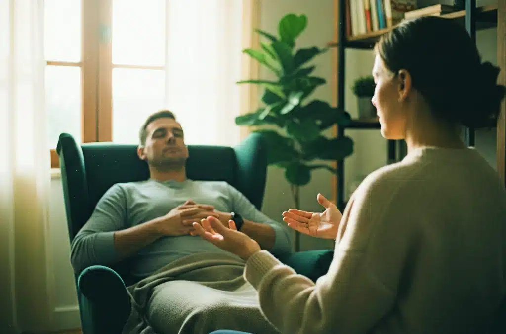 Uzman klinik psikolog eşliğinde gerçekleştirilen hipnoterapi seansı ve derin zihinsel gevşeme süreci.