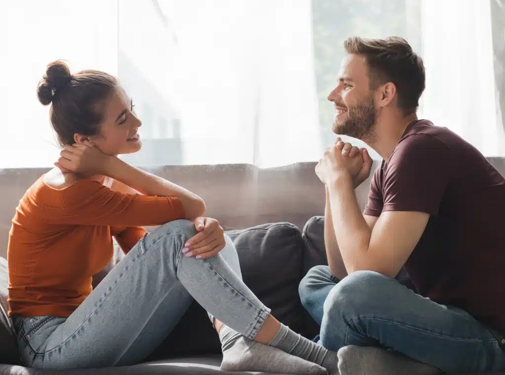 Birbirine sevgiyle bakan ve iletişim kuran mutlu bir çift, sağlıklı bir ilişkide bağ kurma sürecini temsil ediyor.