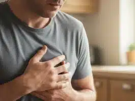 Göğsünü tutan ve kalp çarpıntısı yaşayan bir kişinin kardiyolojik belirtilerini temsil eden görsel