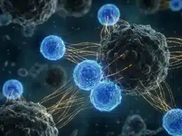 Kanser tedavisinde %95 başarı: NK hücreleri tümörleri nasıl yok ediyor? NK hücrelerinin kanser hücrelerine saldırısını gösteren tıbbi illüstrasyon ve hücresel terapi şeması