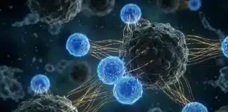 NK hücrelerinin kanser hücrelerine saldırısını gösteren tıbbi illüstrasyon ve hücresel terapi şeması