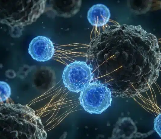 NK hücrelerinin kanser hücrelerine saldırısını gösteren tıbbi illüstrasyon ve hücresel terapi şeması