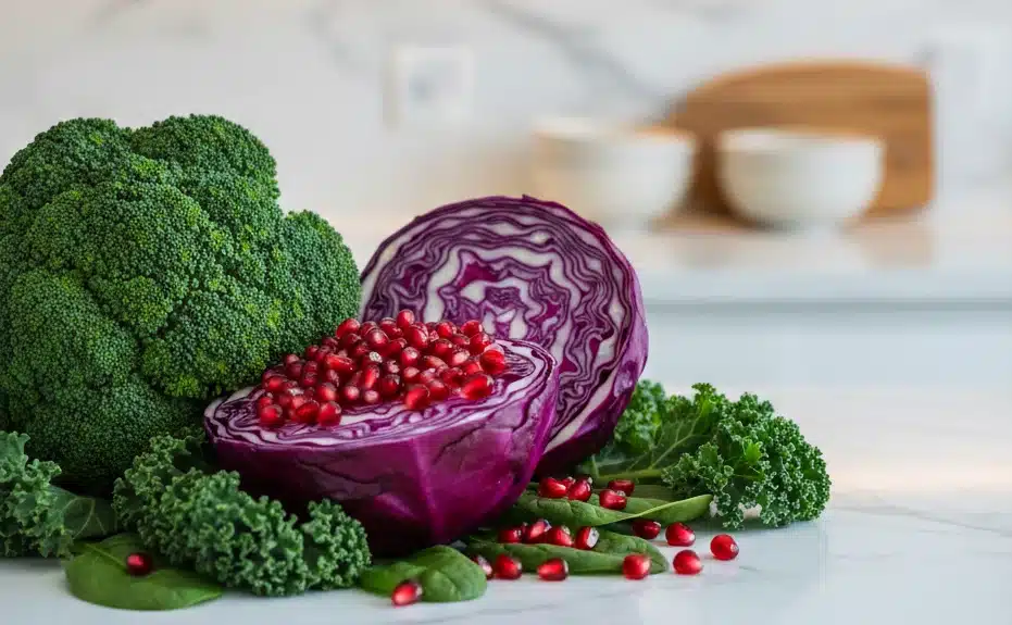 Kanserden korunma sağlayan taze kış sebzeleri ve meyvelerinden oluşan sağlıklı beslenme tabağı