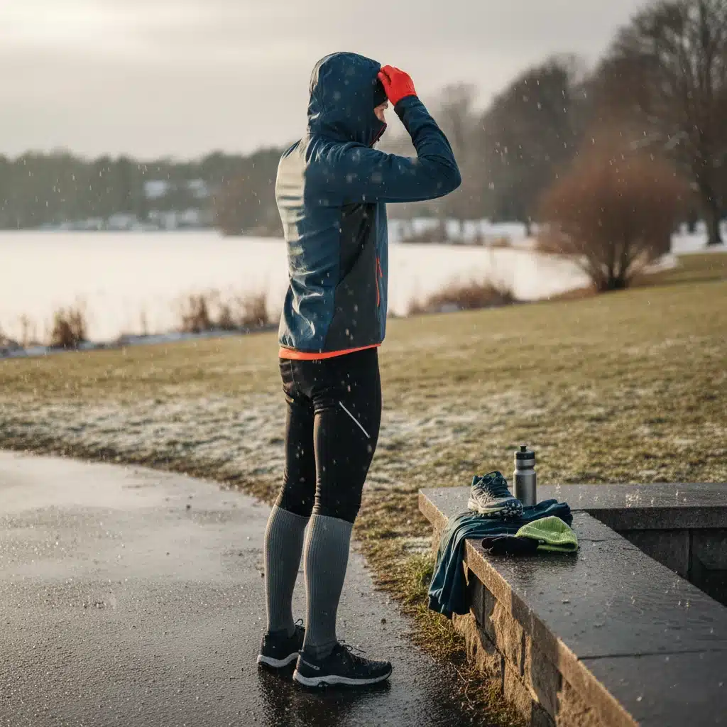 Kışın egzersiz yapmak için doğru ısınma ve kıyafet seçimi tekniklerini anlatan bilgilendirici spor görseli