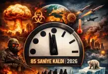 Kıyamet Saati 2026: İnsanlık gece yarısına 85 saniye kaldı! 2026 yılında gece yarısına 85 saniye kalayı gösteren Kıyamet Saati ve küresel tehditleri simgeleyen illüstrasyon.