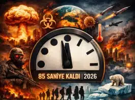 Kıyamet Saati 2026: İnsanlık gece yarısına 85 saniye kaldı! 2026 yılında gece yarısına 85 saniye kalayı gösteren Kıyamet Saati ve küresel tehditleri simgeleyen illüstrasyon.