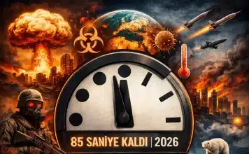 Kıyamet Saati 2026: İnsanlık gece yarısına 85 saniye kaldı! 2026 yılında gece yarısına 85 saniye kalayı gösteren Kıyamet Saati ve küresel tehditleri simgeleyen illüstrasyon.