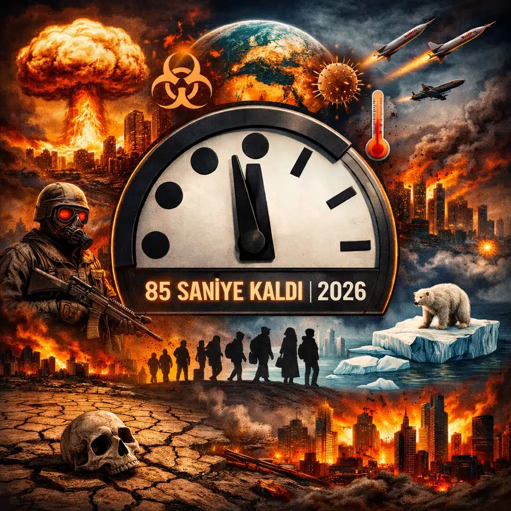 2026 yılında gece yarısına 85 saniye kalayı gösteren Kıyamet Saati ve küresel tehditleri simgeleyen illüstrasyon.