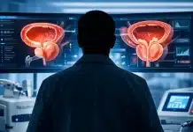 Prostat büyümesi nedeniyle sıkışan idrar kanalı ve mesane yapısını gösteren medikal anatomi çizimi