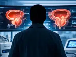 Prostat büyümesi ve Rezum tedavisi: Ameliyat kadar etkili, ilaç kadar konforlu çözüm mümkün mü? Prostat büyümesi nedeniyle sıkışan idrar kanalı ve mesane yapısını gösteren medikal anatomi çizimi