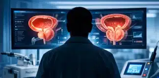 Prostat büyümesi nedeniyle sıkışan idrar kanalı ve mesane yapısını gösteren medikal anatomi çizimi