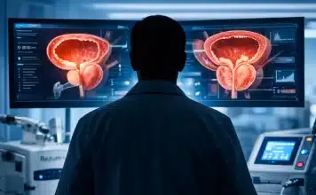 Prostat büyümesi ve Rezum tedavisi: Ameliyat kadar etkili, ilaç kadar konforlu çözüm mümkün mü? Prostat büyümesi nedeniyle sıkışan idrar kanalı ve mesane yapısını gösteren medikal anatomi çizimi