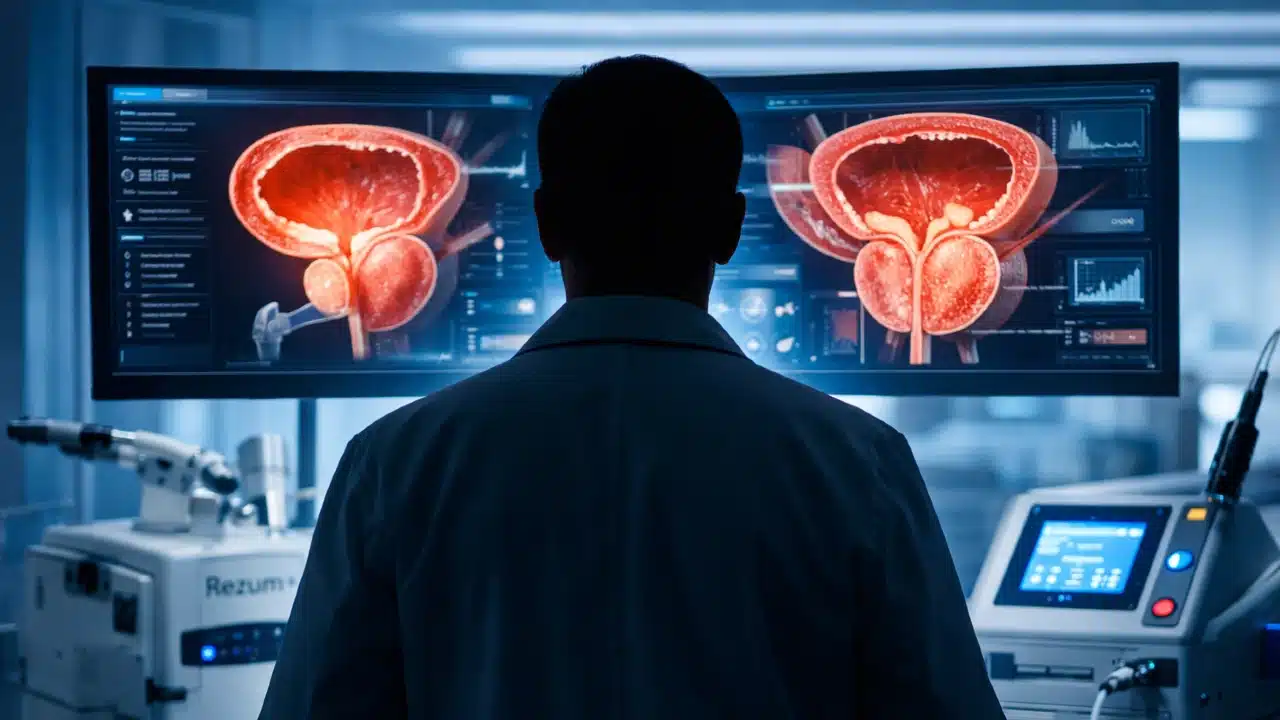 Prostat büyümesi nedeniyle sıkışan idrar kanalı ve mesane yapısını gösteren medikal anatomi çizimi