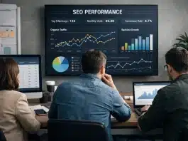 SEO Ajansı Nedir, Ne İş Yapar? Profesyonel SEO ajansı ekibinin veri analizi ve arama motoru performansını değerlendirdiği gerçekçi çalışma sahnesi