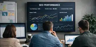 Profesyonel SEO ajansı ekibinin veri analizi ve arama motoru performansını değerlendirdiği gerçekçi çalışma sahnesi