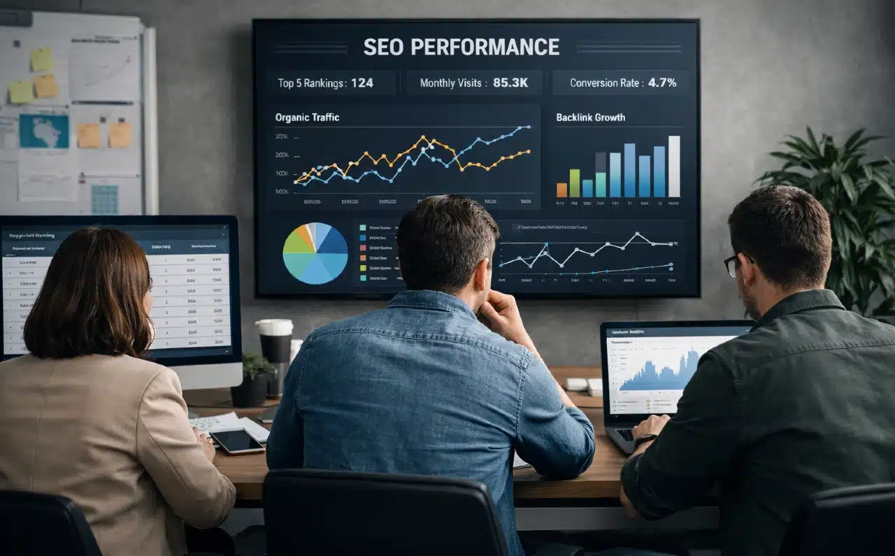 Profesyonel SEO ajansı ekibinin veri analizi ve arama motoru performansını değerlendirdiği gerçekçi çalışma sahnesi