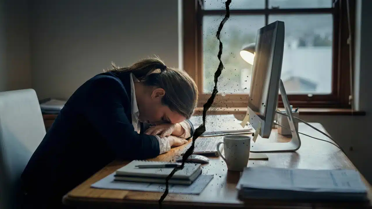 İş dünyasında sessiz çatlama kavramını simgeleyen, ofis ortamında motivasyon kaybı yaşayan çalışan görseli.