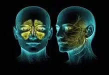 Sinüzit ve yüz felci hakkında doğru bilinen yanlışlar İnsan yüz anatomisi üzerinde sinüs boşluklarının konumunu ve fasiyal sinir yollarını gösteren tıbbi şema illüstrasyonu.